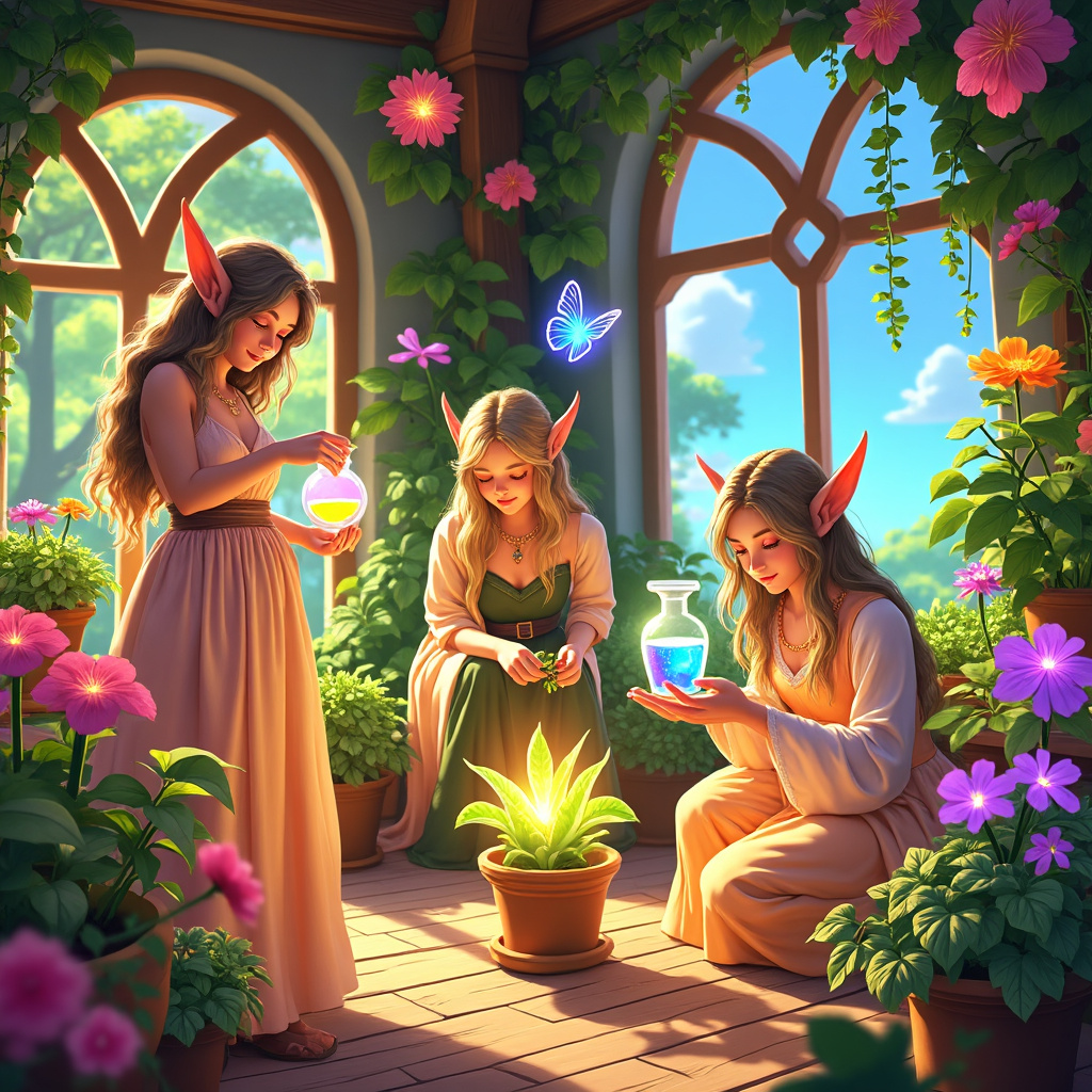 Elven gardeners tending to magical plants and flowers