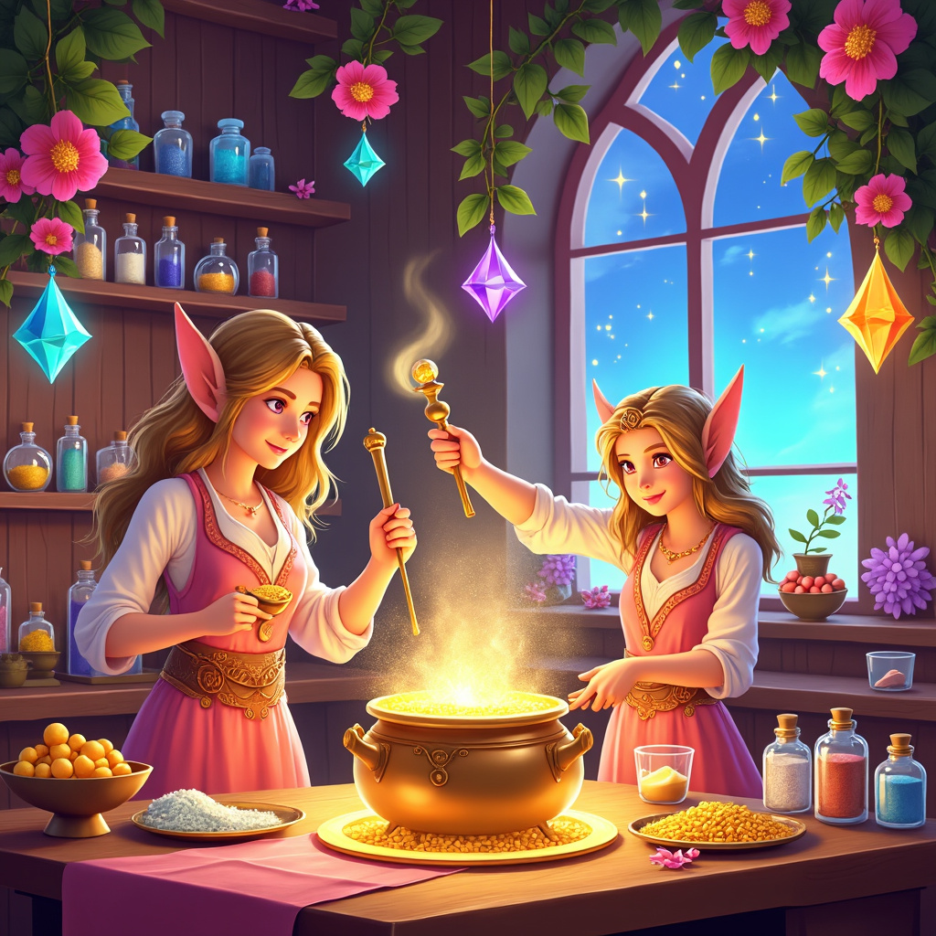 Elven alchemists working with a magical golden cauldron