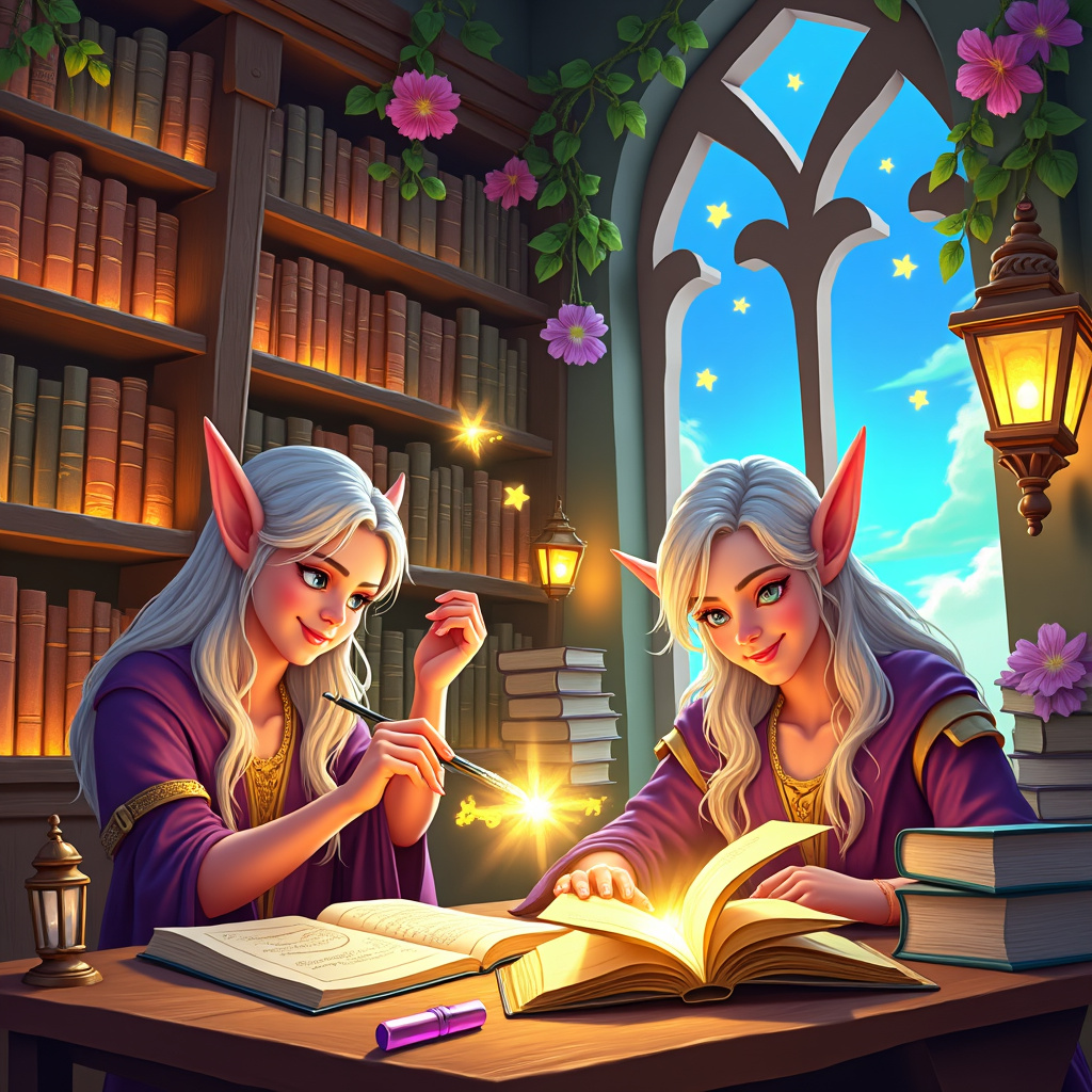 Elven scholars studying magical books in an enchanted library